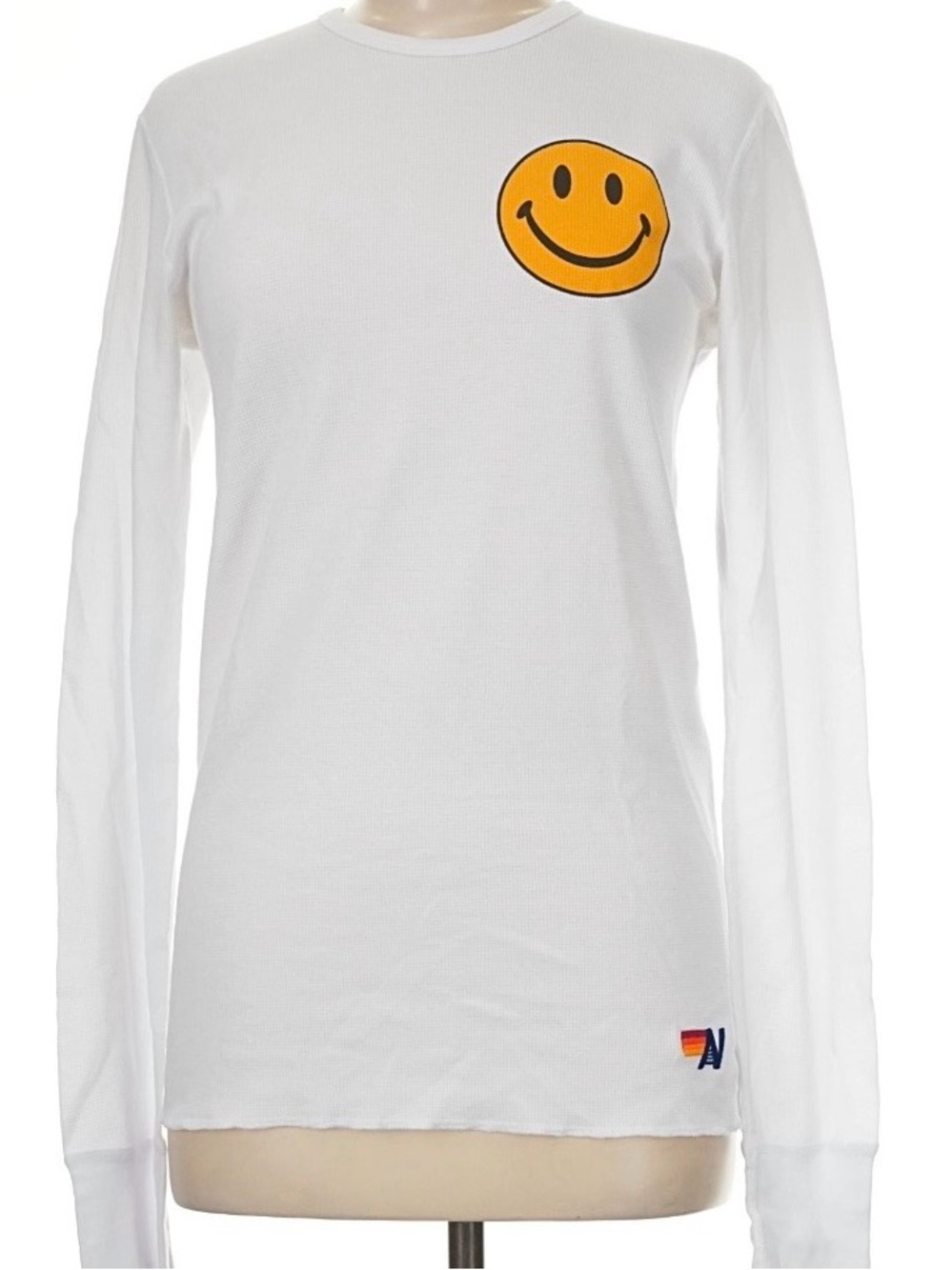 Aviator Nation White Long Sleeve Thermal Tee with Yellow Smiley Patch